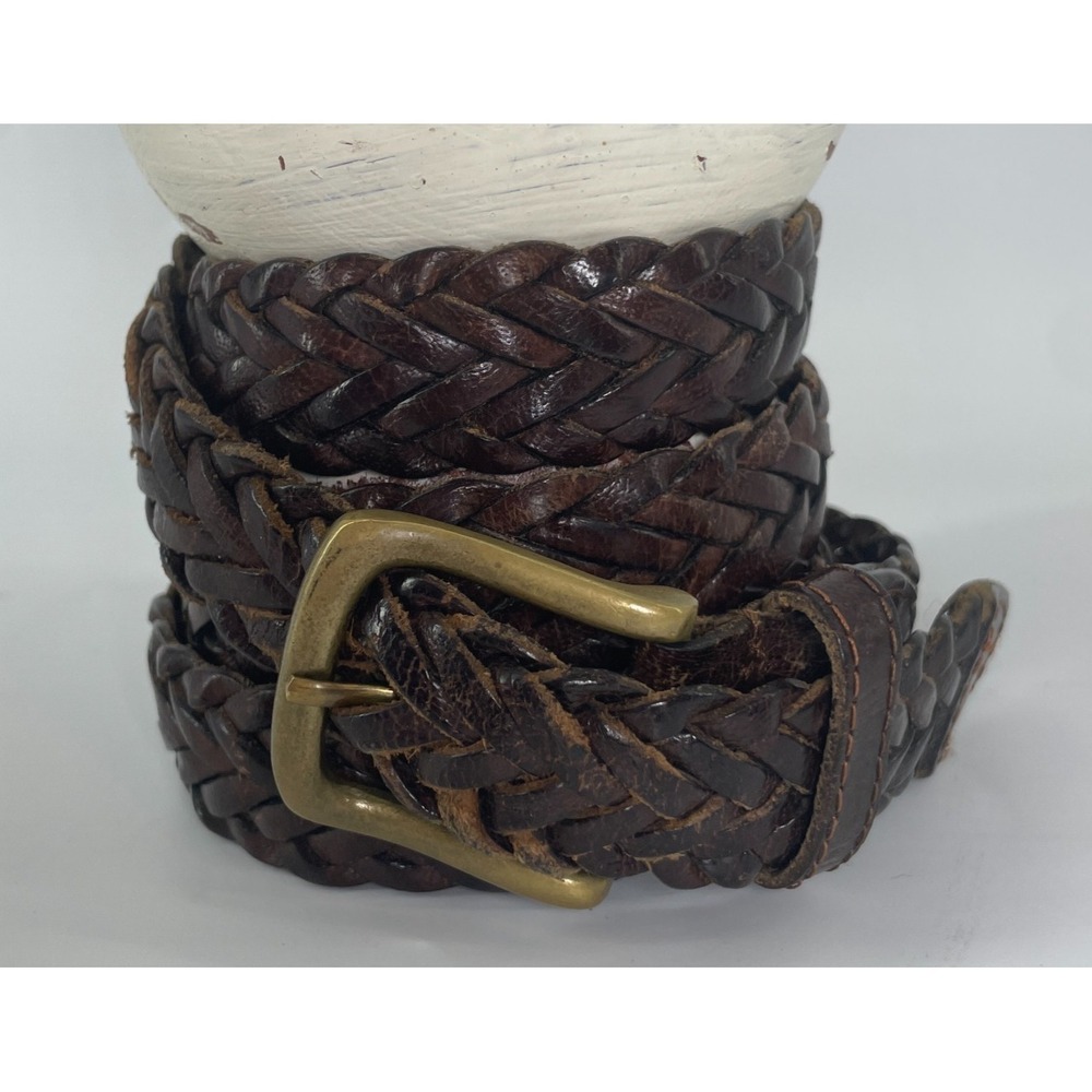 Vtg Braided Genuine Leather Belt XL 42-44 Brown Woven Brass Buckle Boho Skinny